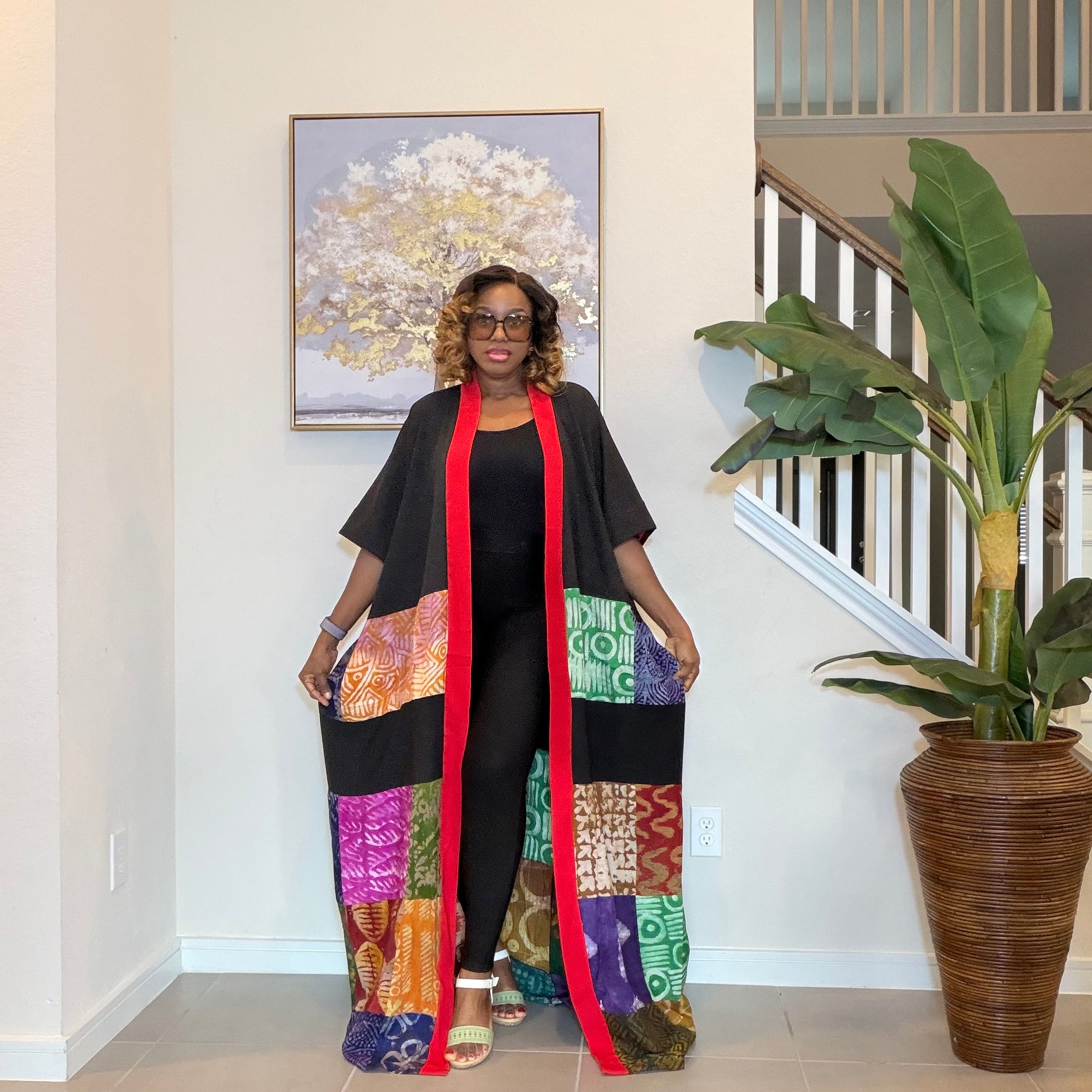 Multicolor Adire Kimono, Patchwork Long Kimono, Handmade African Fashion