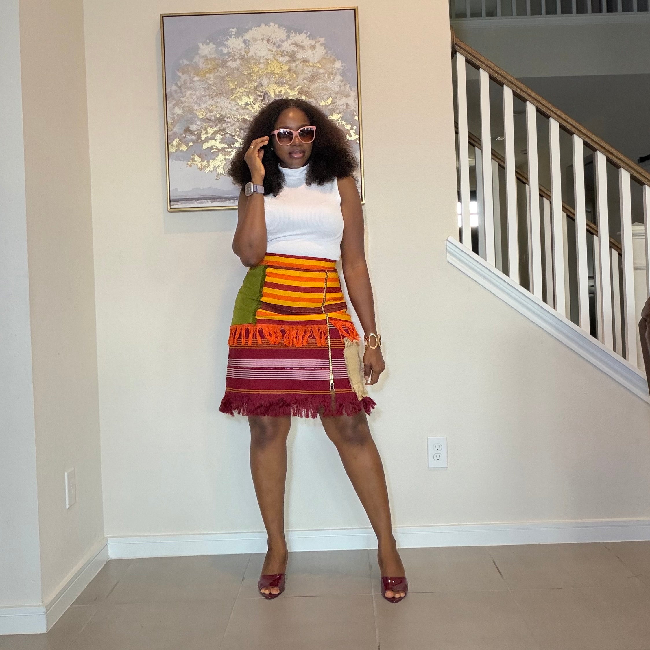 Colorful African Aso Oke Fringe Skirt, Handmade Aso Oke Patchwork Skirt