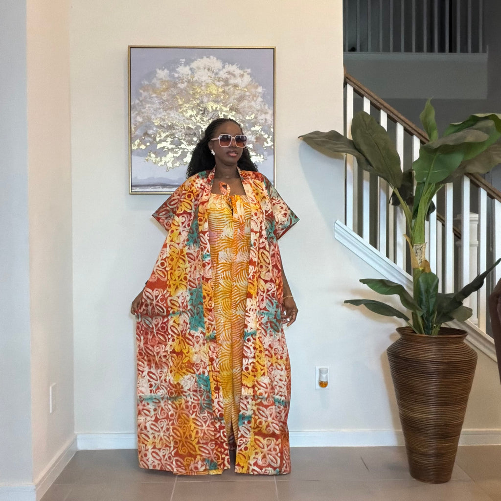 2-Piece Adire Crepe Jumpsuit and Maxi Kimono Set