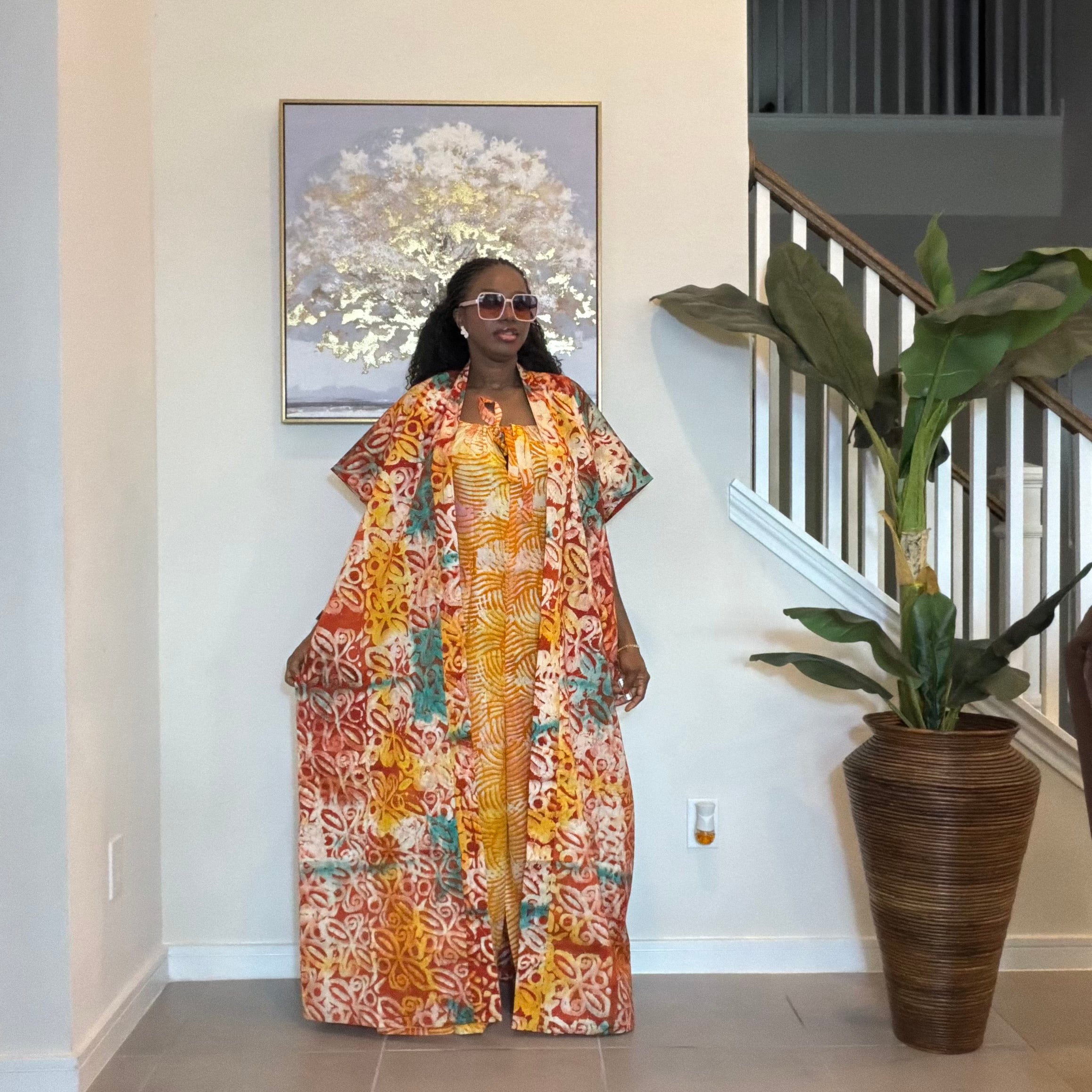 2-Piece Adire Crepe Jumpsuit and Maxi Kimono Set