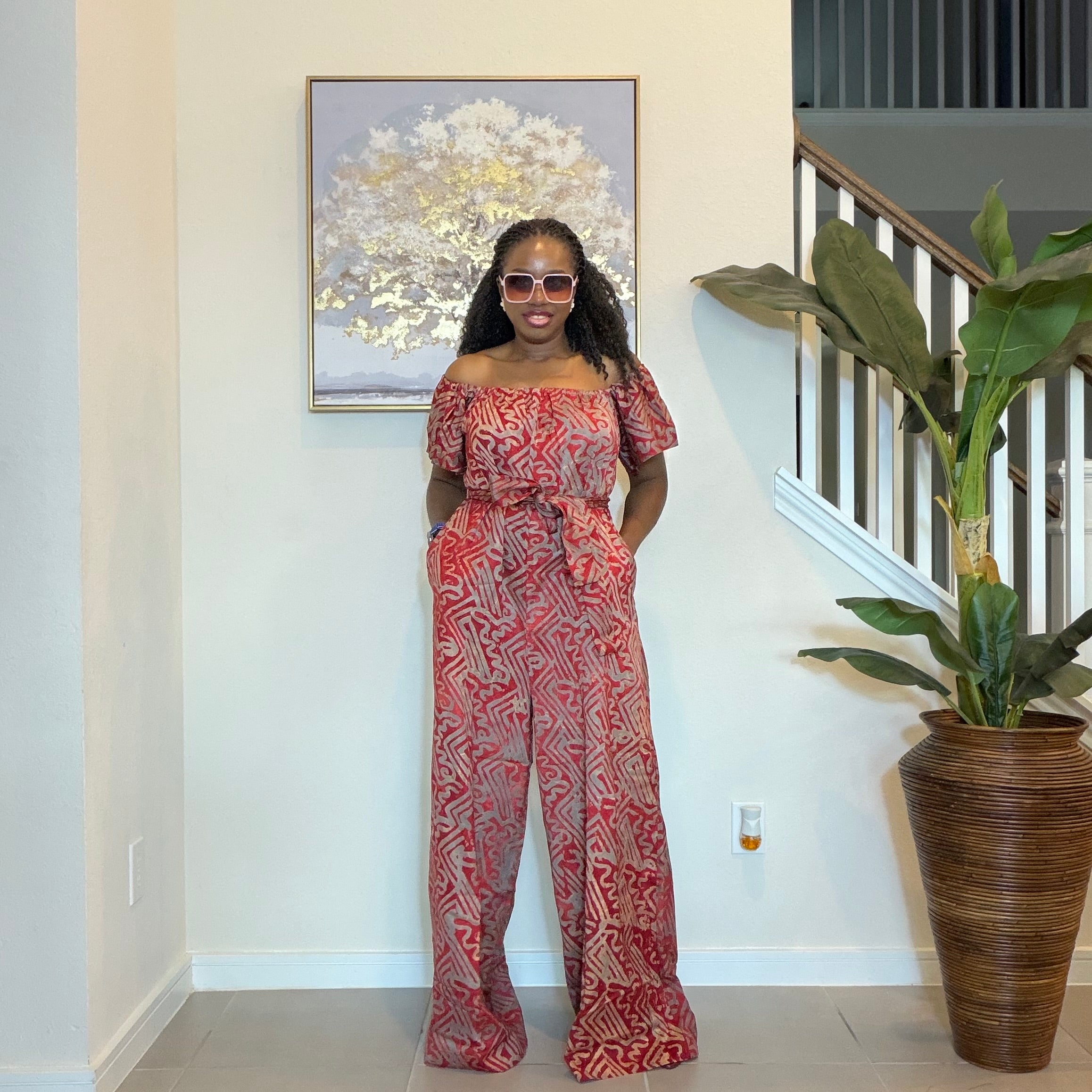 Adire Printed Wide-Leg Jumpsuit Convertible Off-Shoulder with Detachable Belt