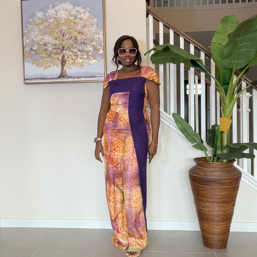 Adire Floral Wide-Leg Jumpsuit with Aso Oke Detail