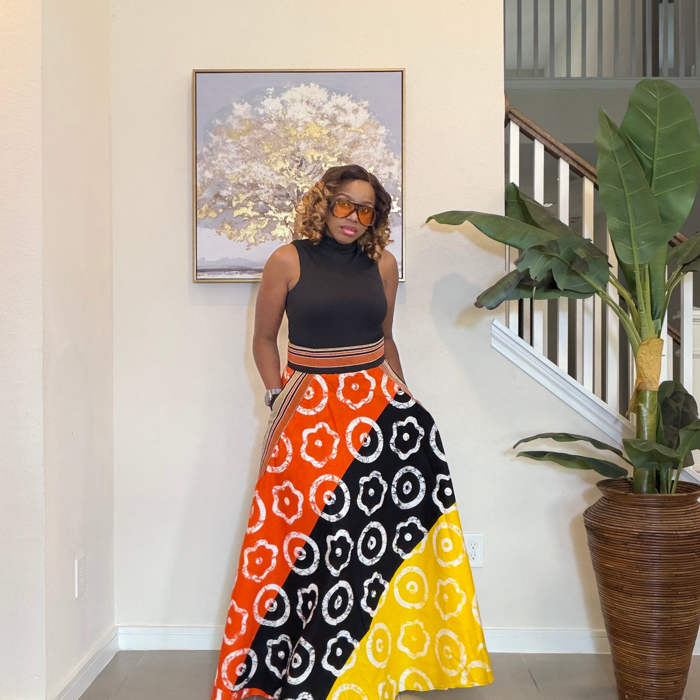 African Ankara Maxi Skirt, High Waist Skirt with Aso Oke Pockets