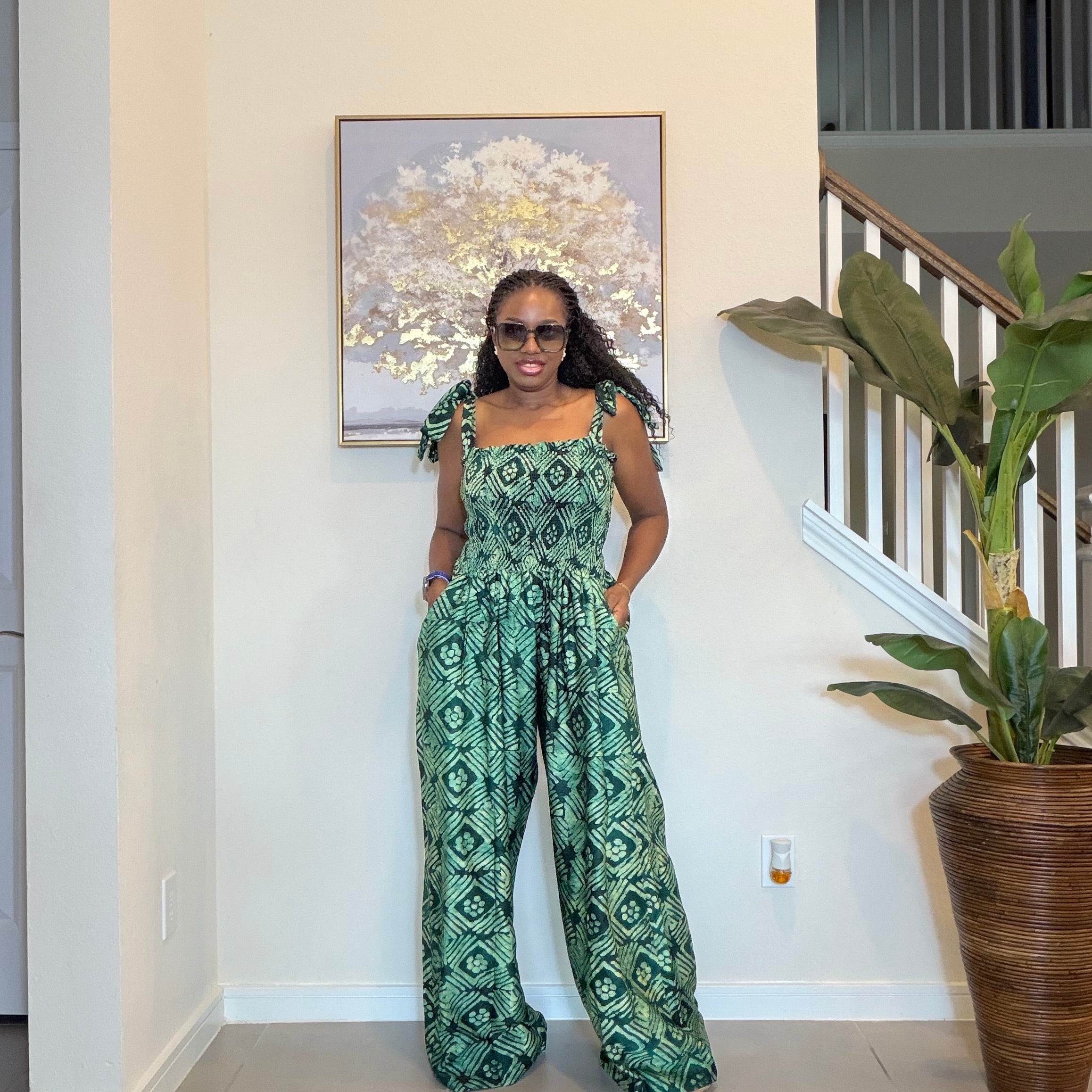 Handmade Adire Crepe Jumpsuit with Smocked Bodice