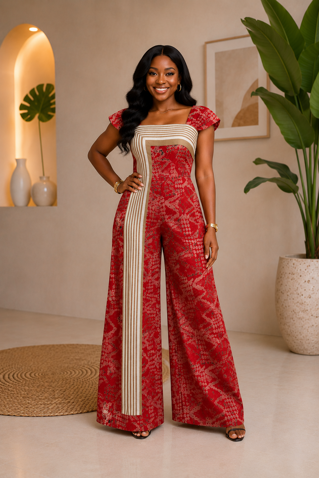 Elegant Adire Jumpsuit with Handwoven Aso Oke Contrast Panel