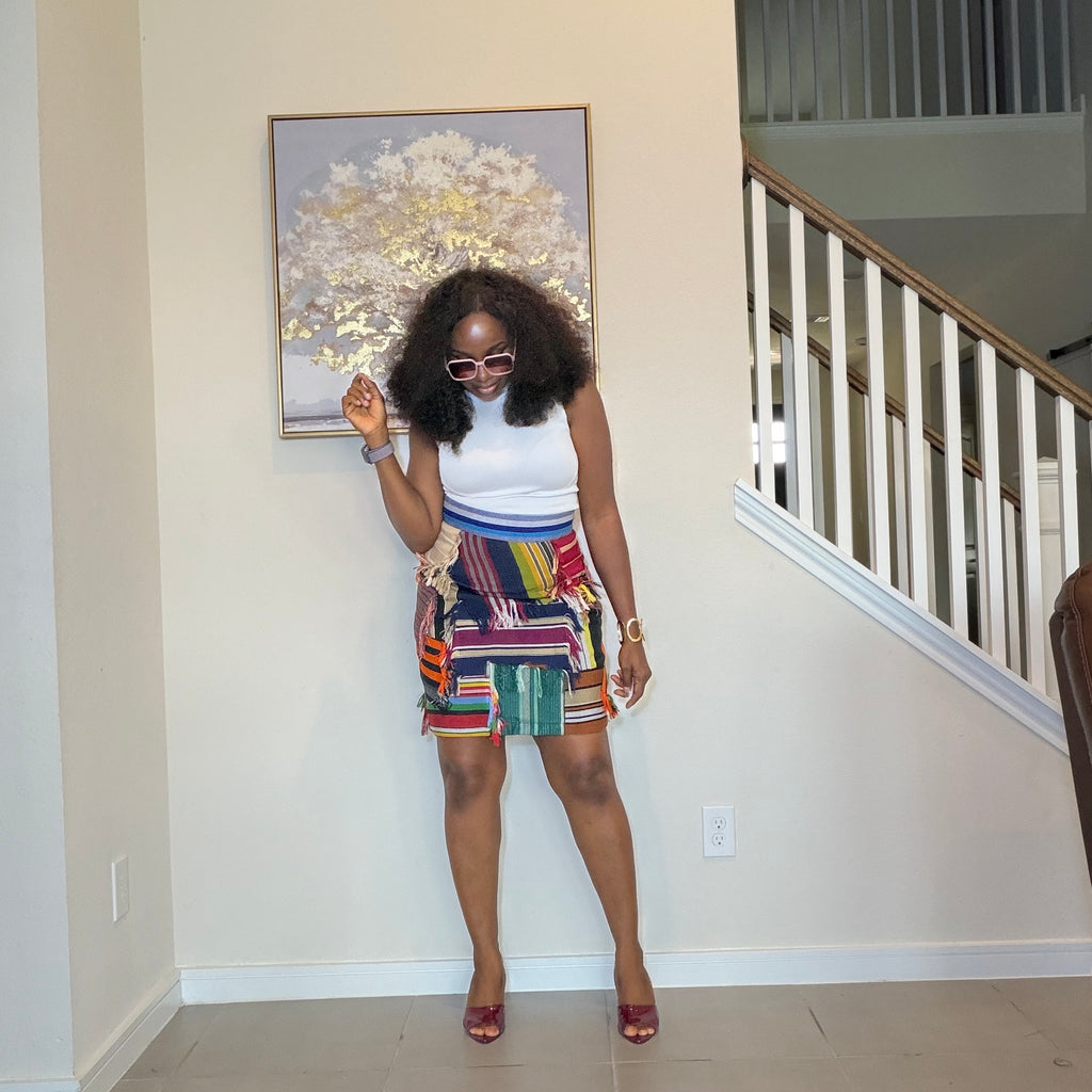 Multicolor Aso Oke Patch Mini Skirt