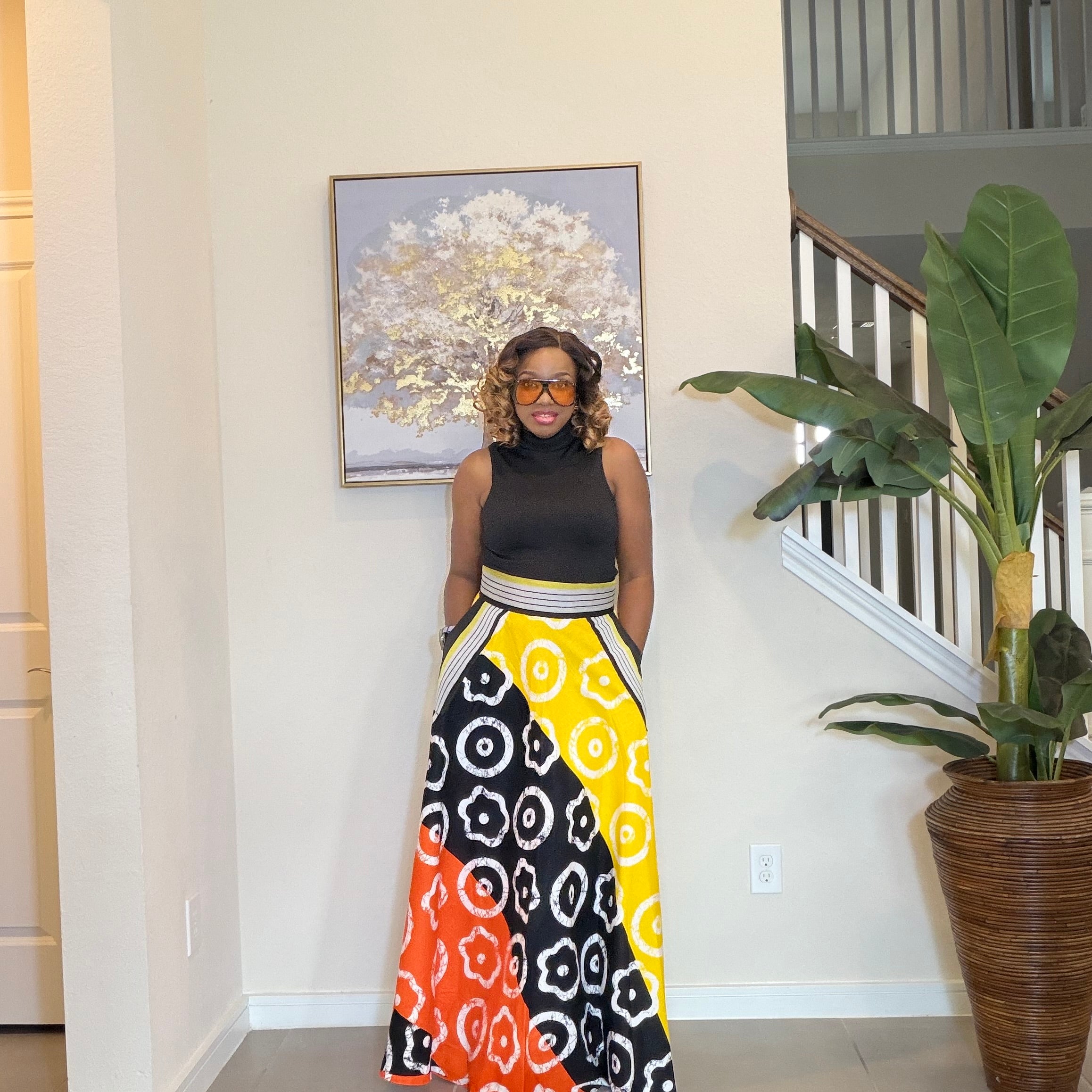 African Ankara Maxi Skirt, High Waist Skirt with Aso Oke Pockets