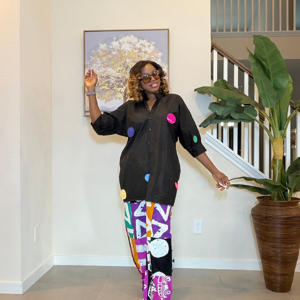 Ankara Two‑Piece Set, Colorful Print Pants, Handmade African Wear