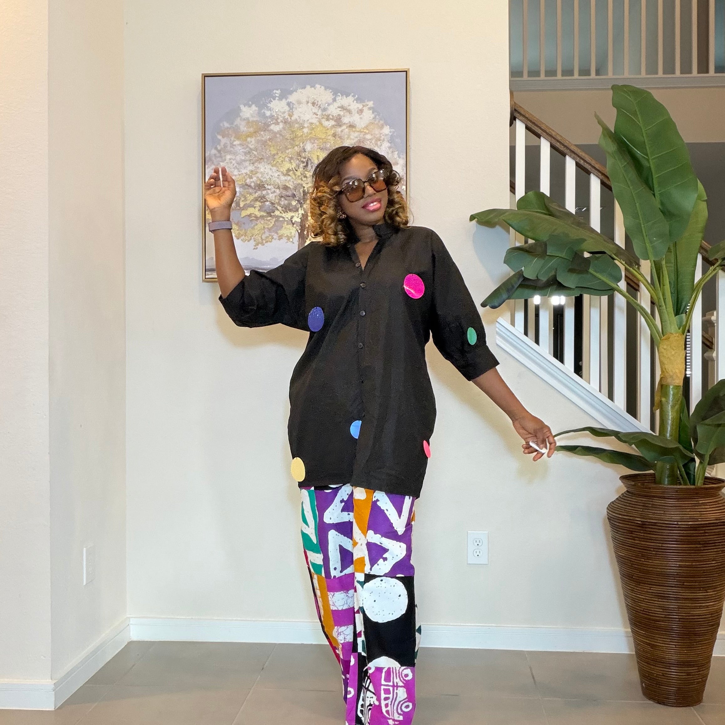 Ankara Two‑Piece Set, Colorful Print Pants, Handmade African Wear