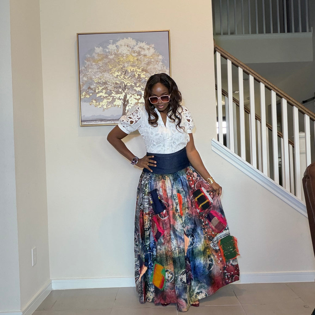 Adire Batik Maxi Skirt with Aso Oke Patchwork, High-Waisted African Print Long Skirt