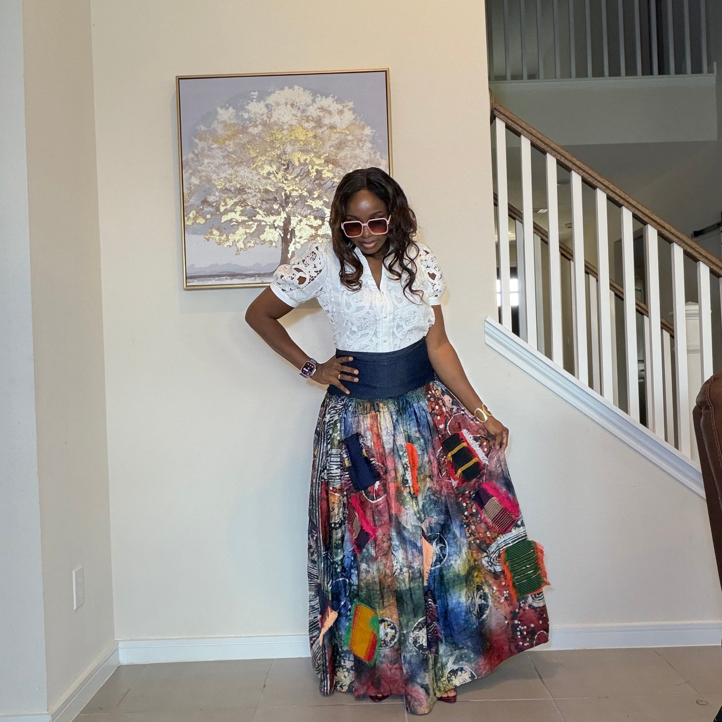 Adire Batik Maxi Skirt with Aso Oke Patchwork, High-Waisted African Print Long Skirt