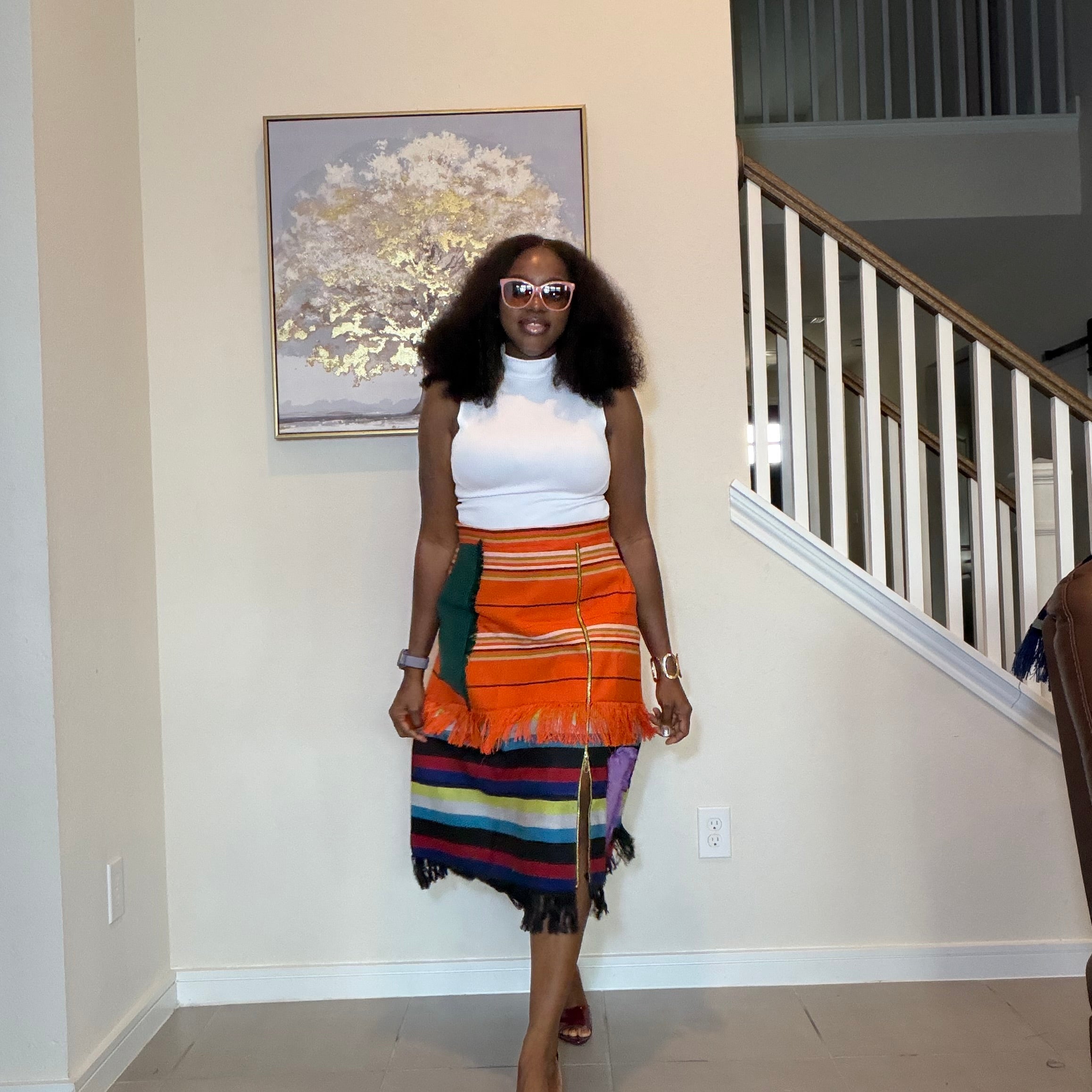 Colorful African Aso Oke Fringe Skirt, Handmade Aso Oke Patchwork Skirt