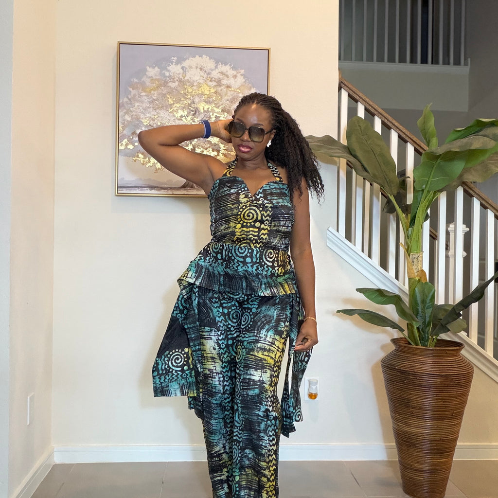 Adire Halter Neck Jumpsuit, African Batik Print One Piece Jumpsuit