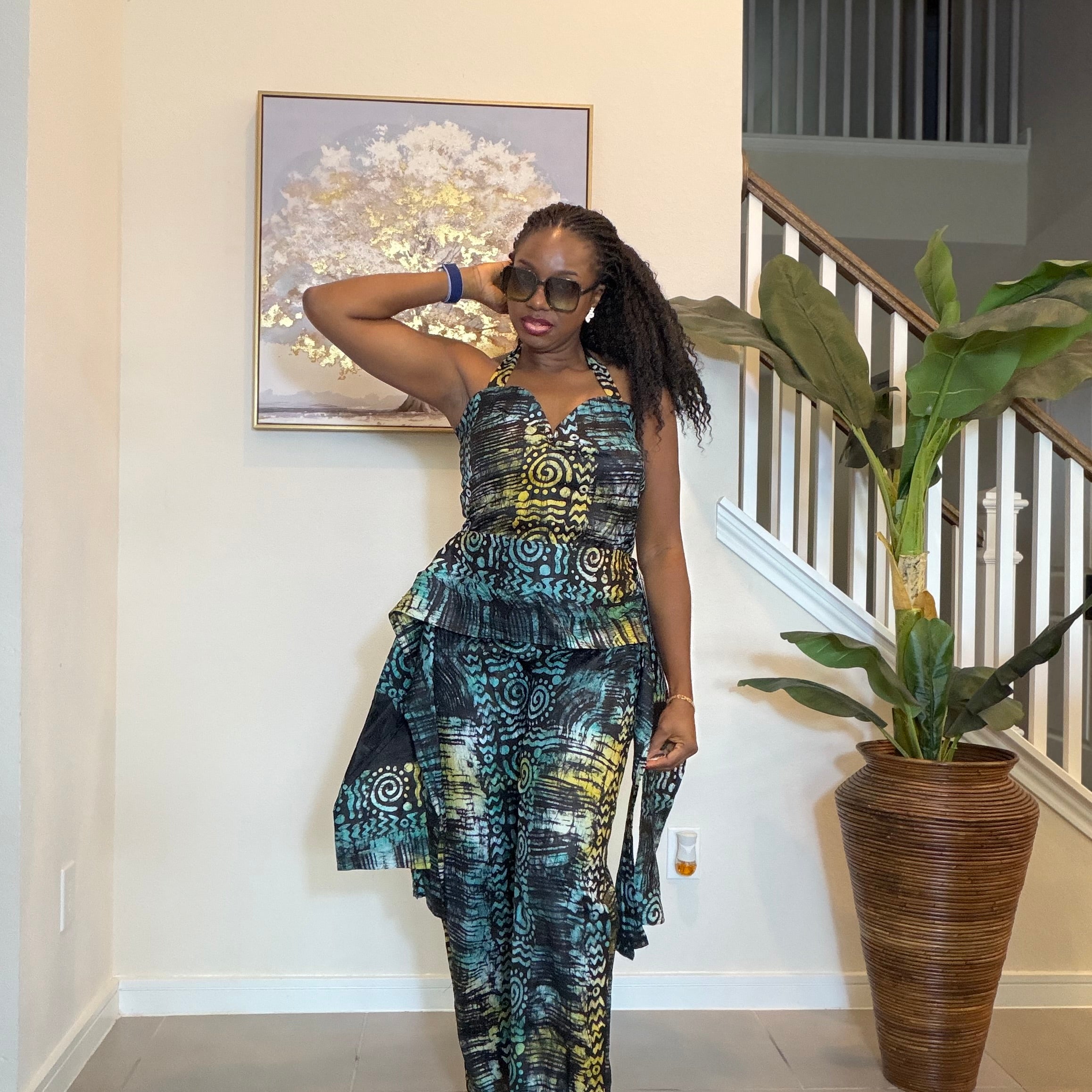Adire Halter Neck Jumpsuit, African Batik Print One Piece Jumpsuit