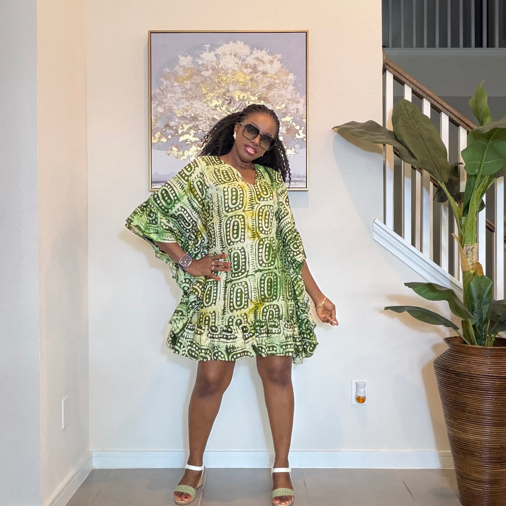 Olive Green Adire Crepe Dress Mini Dress.