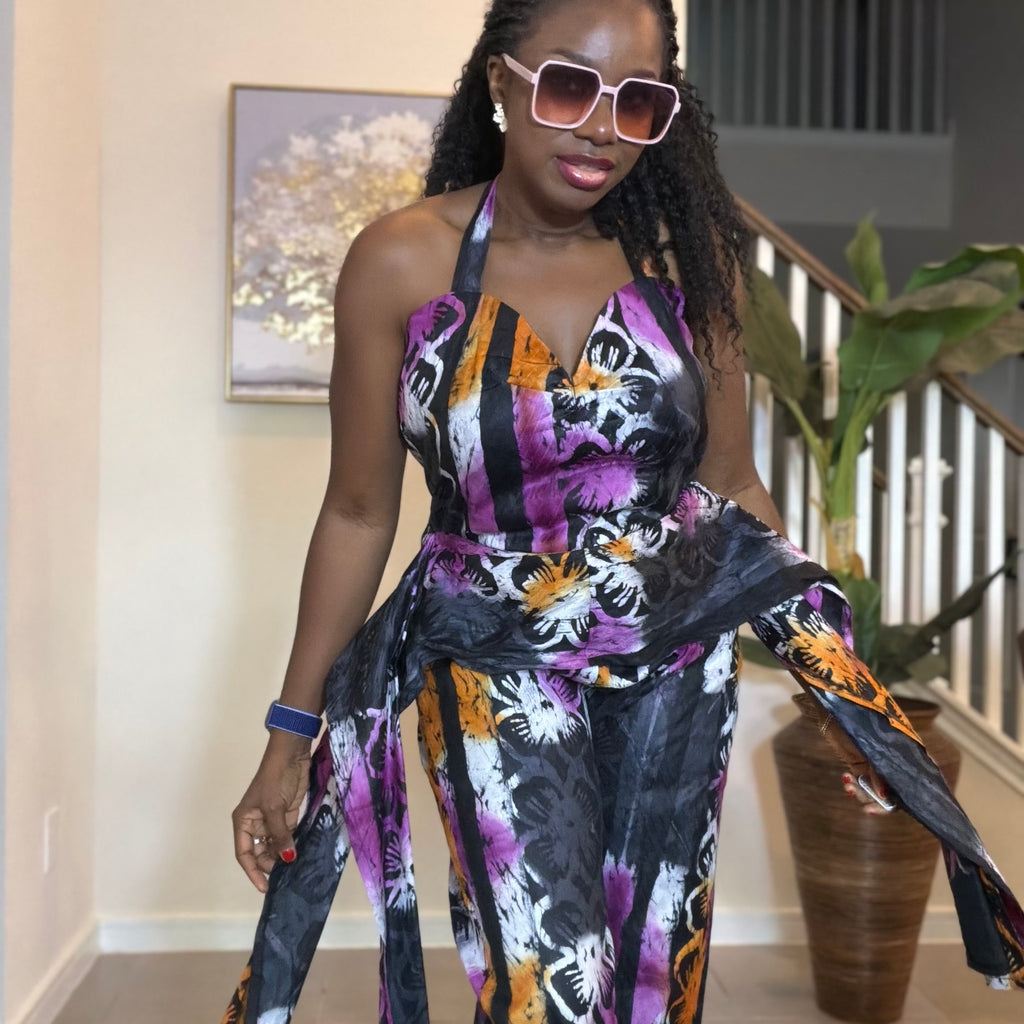 Handmade Adire Batik Tie-Neck Halter Jumpsuit.