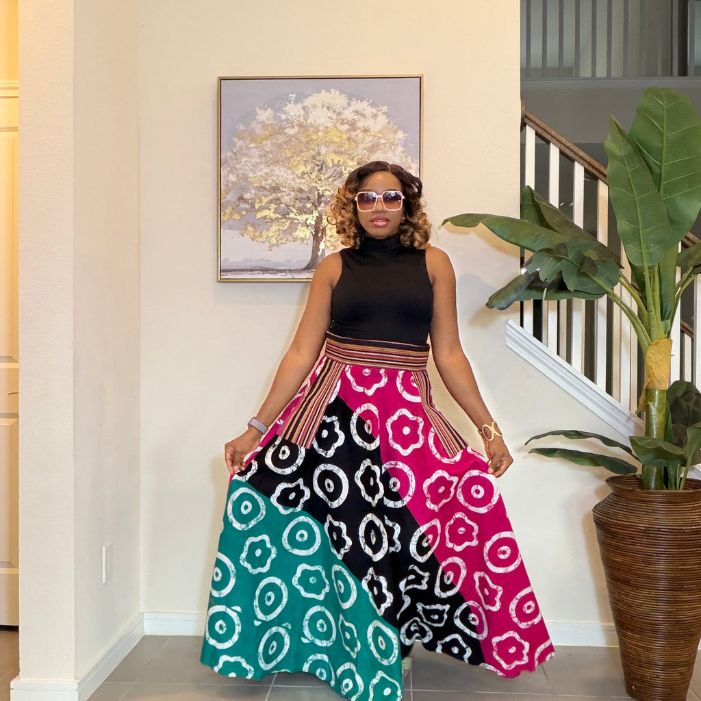 African Ankara Maxi Skirt, High Waist Skirt with Aso Oke Pockets