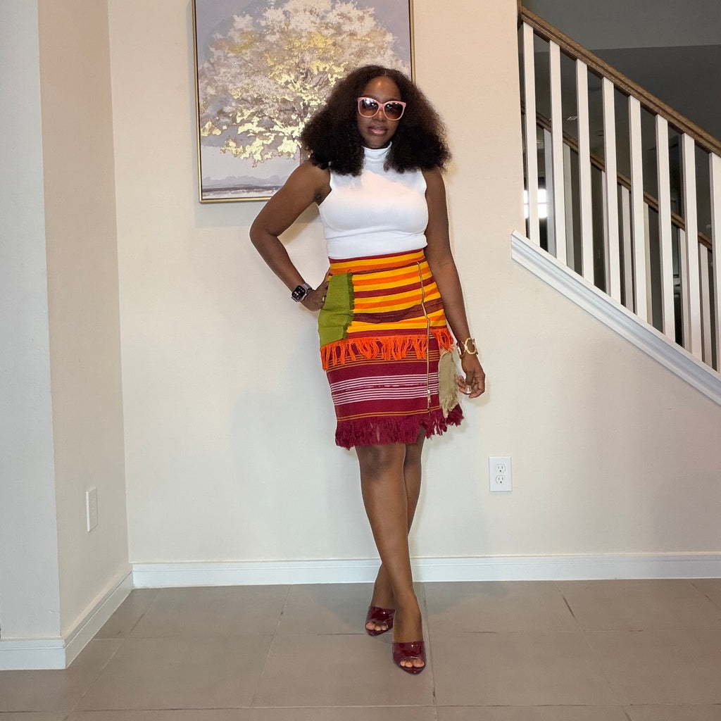 Colorful African Aso Oke Fringe Skirt, Handmade Aso Oke Patchwork Skirt
