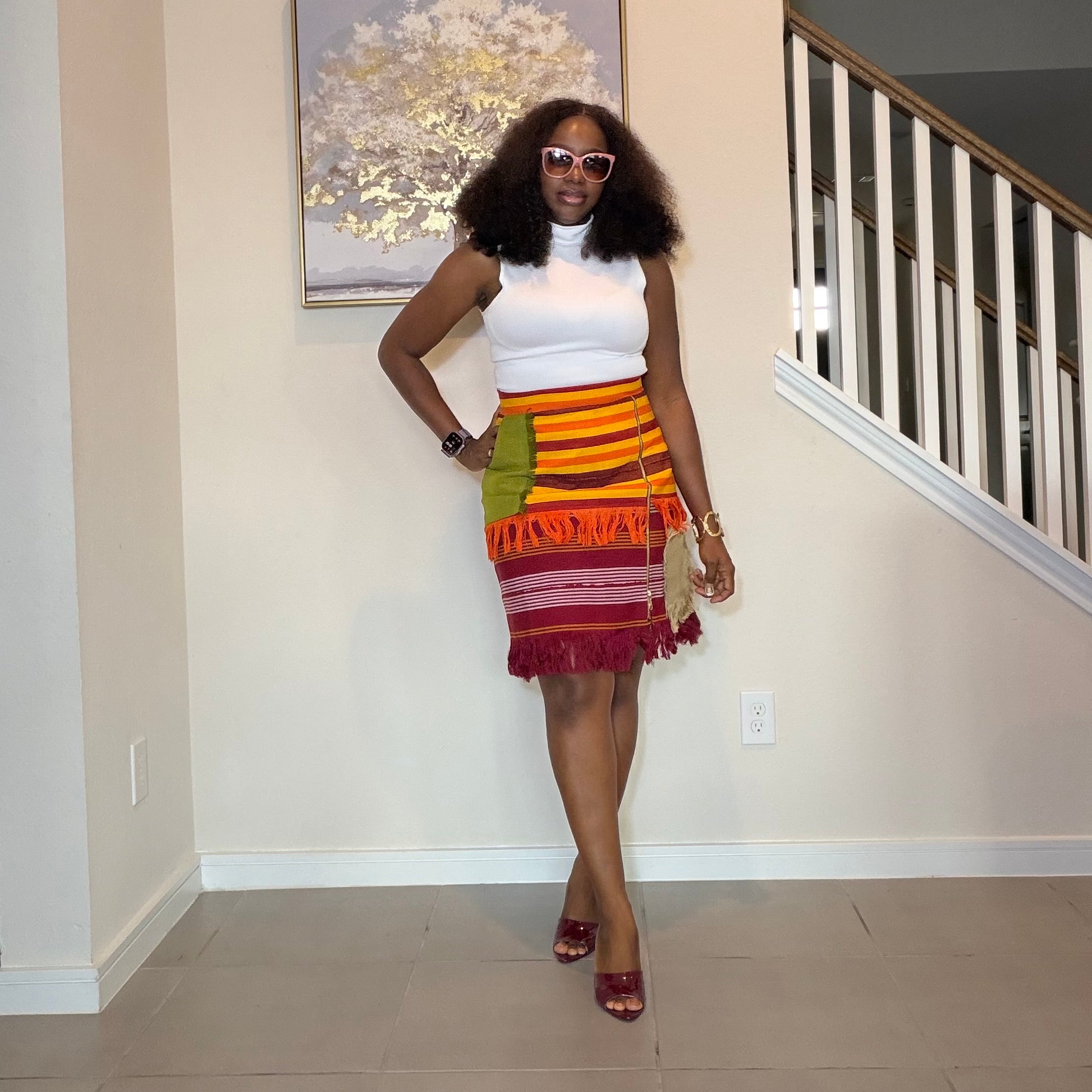 Colorful African Aso Oke Fringe Skirt, Handmade Aso Oke Patchwork Skirt
