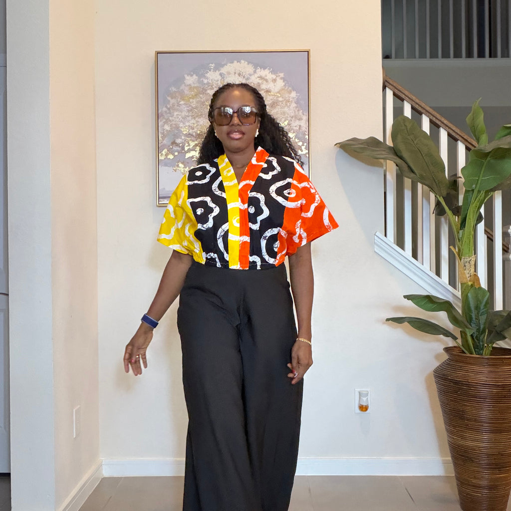 Cropped Ankara V-Neck Top with Black Wide-Leg Pants
