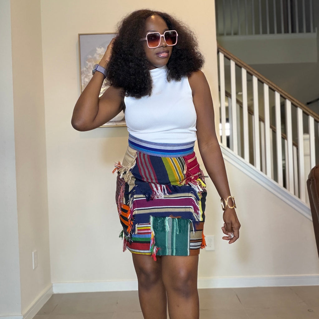 Multicolor Aso Oke Patch Mini Skirt