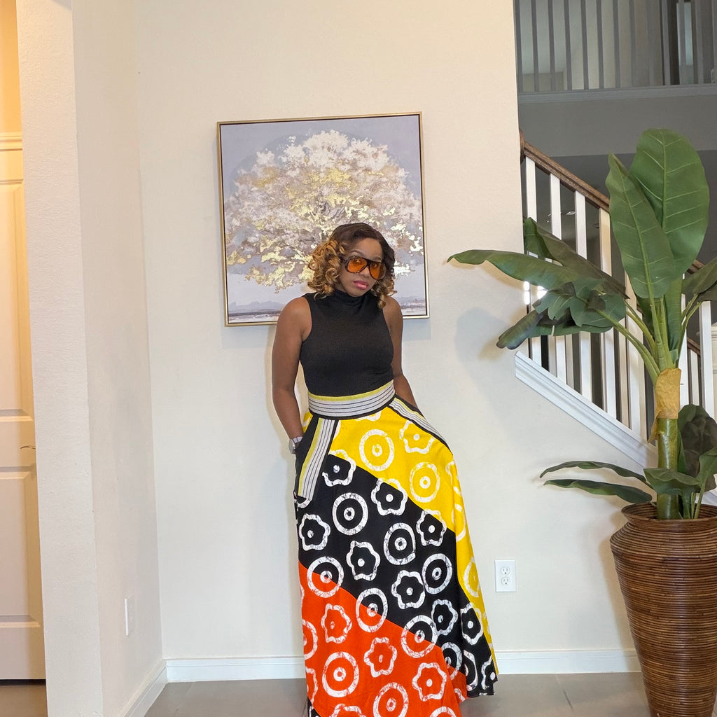 African Ankara Maxi Skirt, High Waist Skirt with Aso Oke Pockets