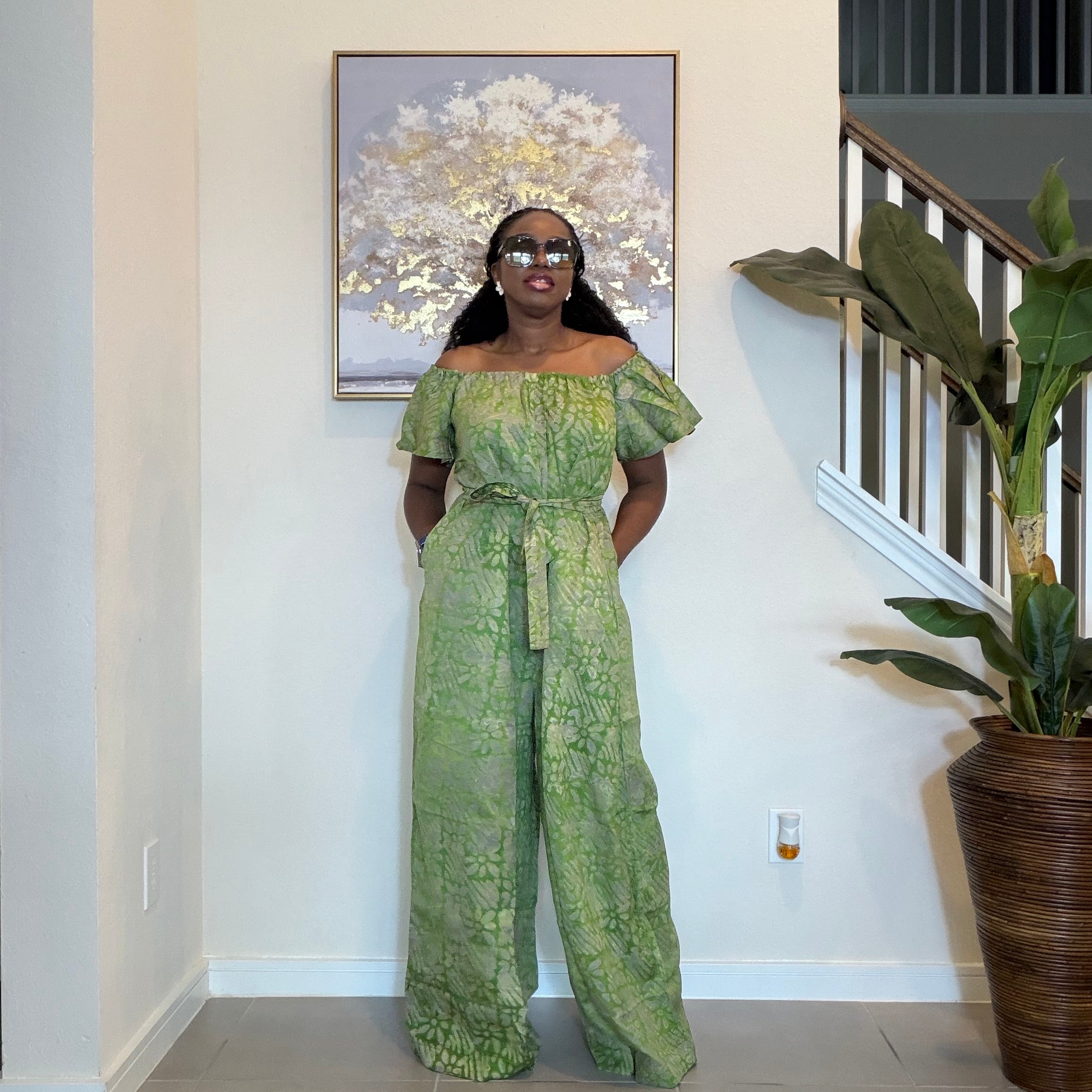Adire Jumpsuit - African Print Off-the-Shoulder Wide Leg Romper