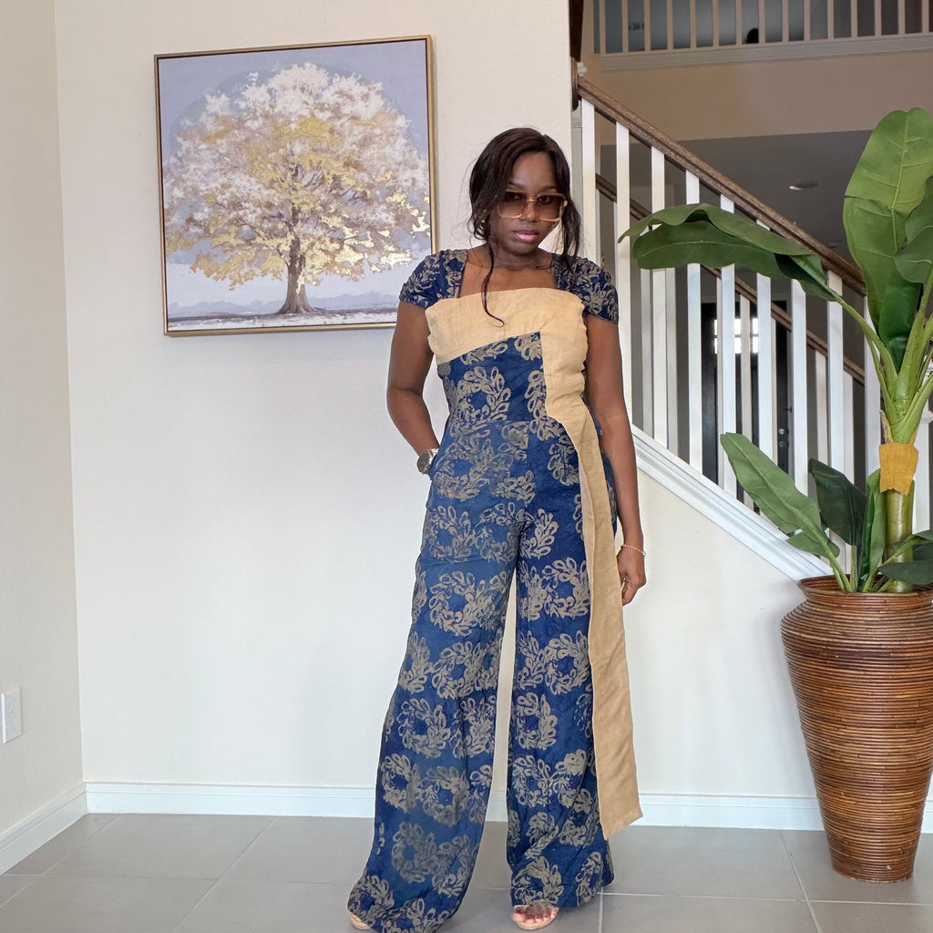 Blue Adire Floral Wide-Leg Jumpsuit with Aso Oke Detail