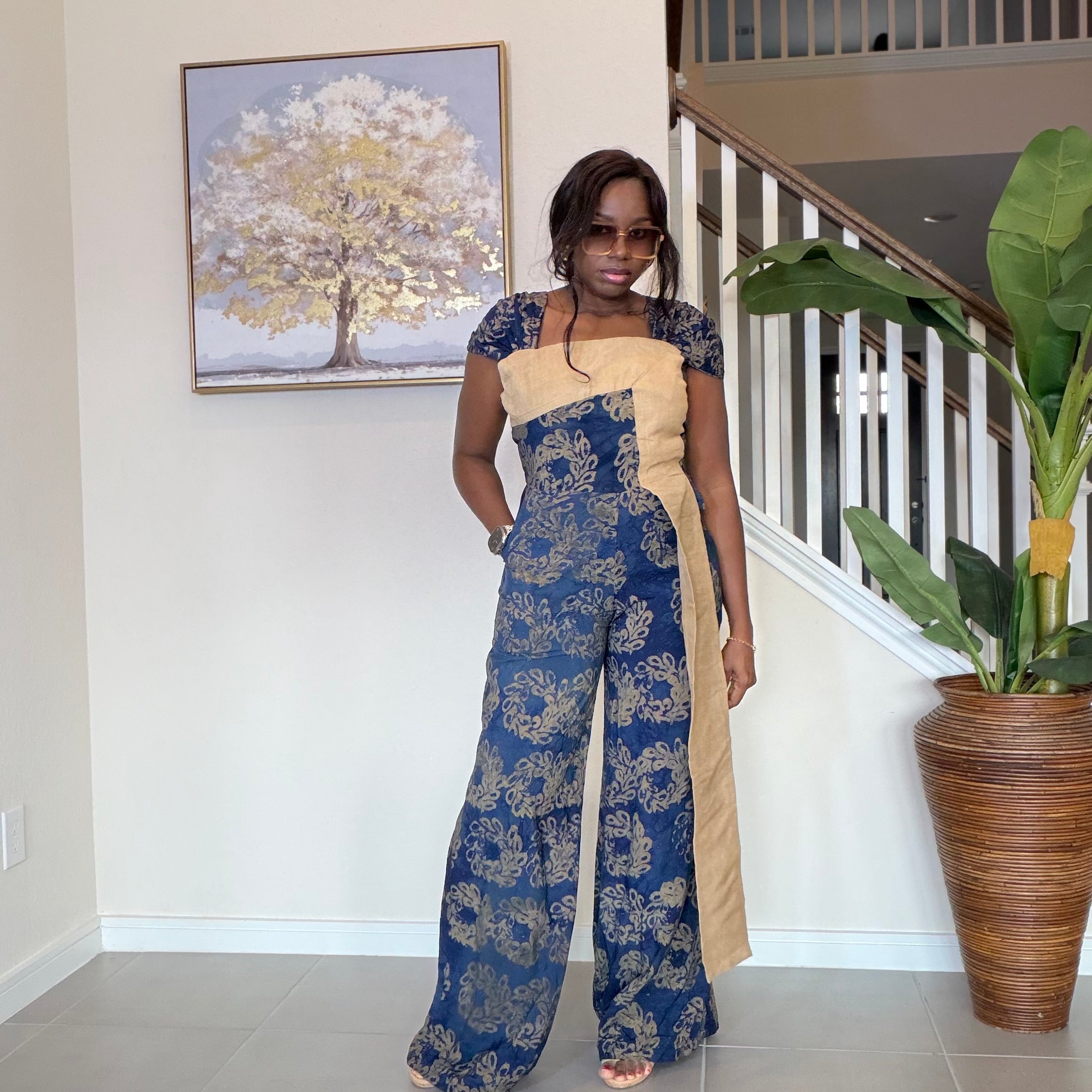 Blue Adire Floral Wide-Leg Jumpsuit with Aso Oke Detail