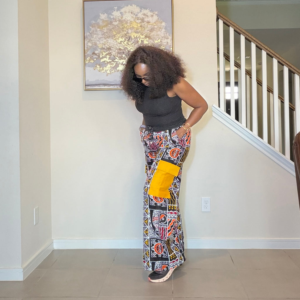 Ankara Wide Leg Cargo Trousers with Mustard Yellow Aso Oke Pockets