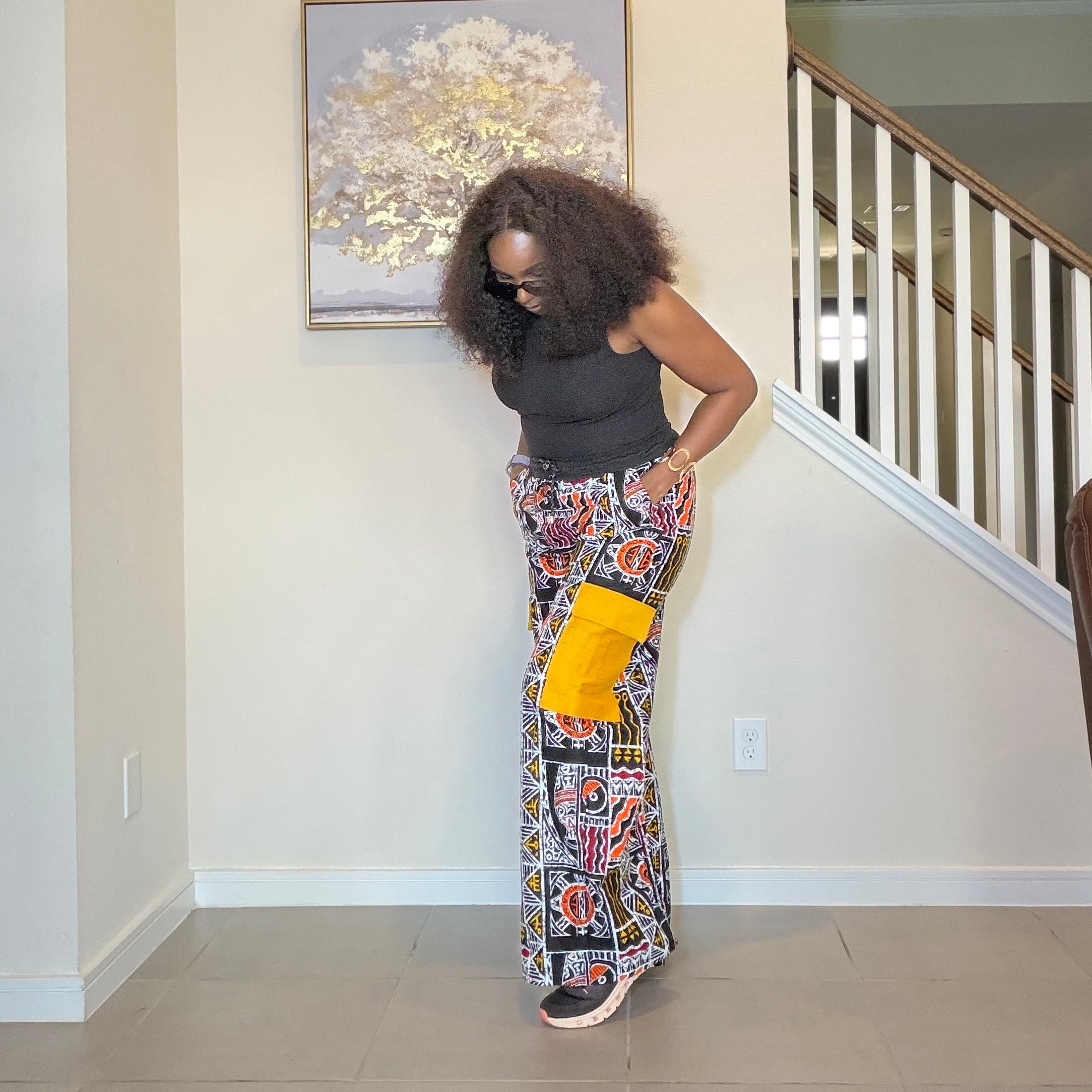 Ankara Wide Leg Cargo Trousers with Mustard Yellow Aso Oke Pockets