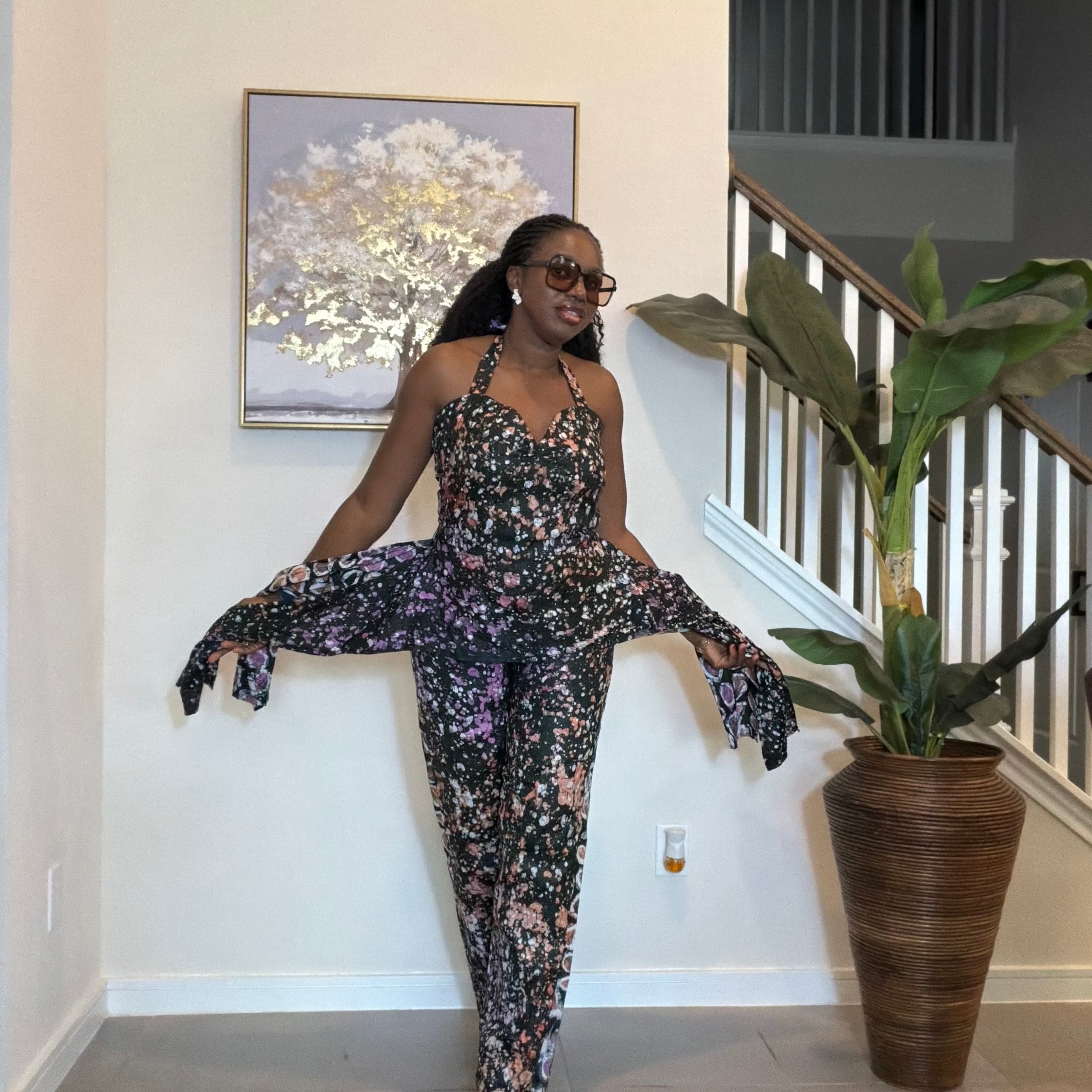 Handmade Adire Batik Tie-Neck Halter Jumpsuit