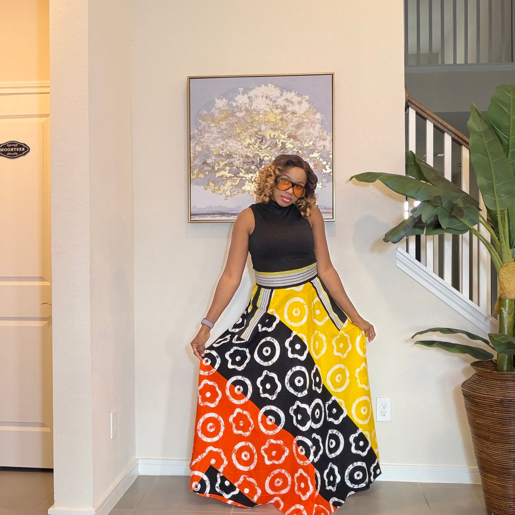 African Ankara Maxi Skirt, High Waist Skirt with Aso Oke Pockets