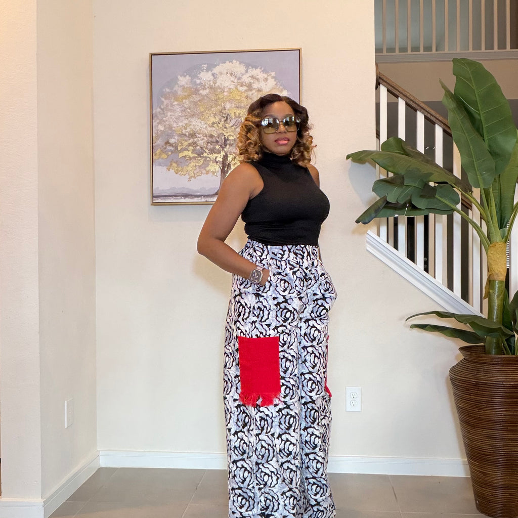 Ankara Wide‑Leg Pants with Aso Oke side pockets.