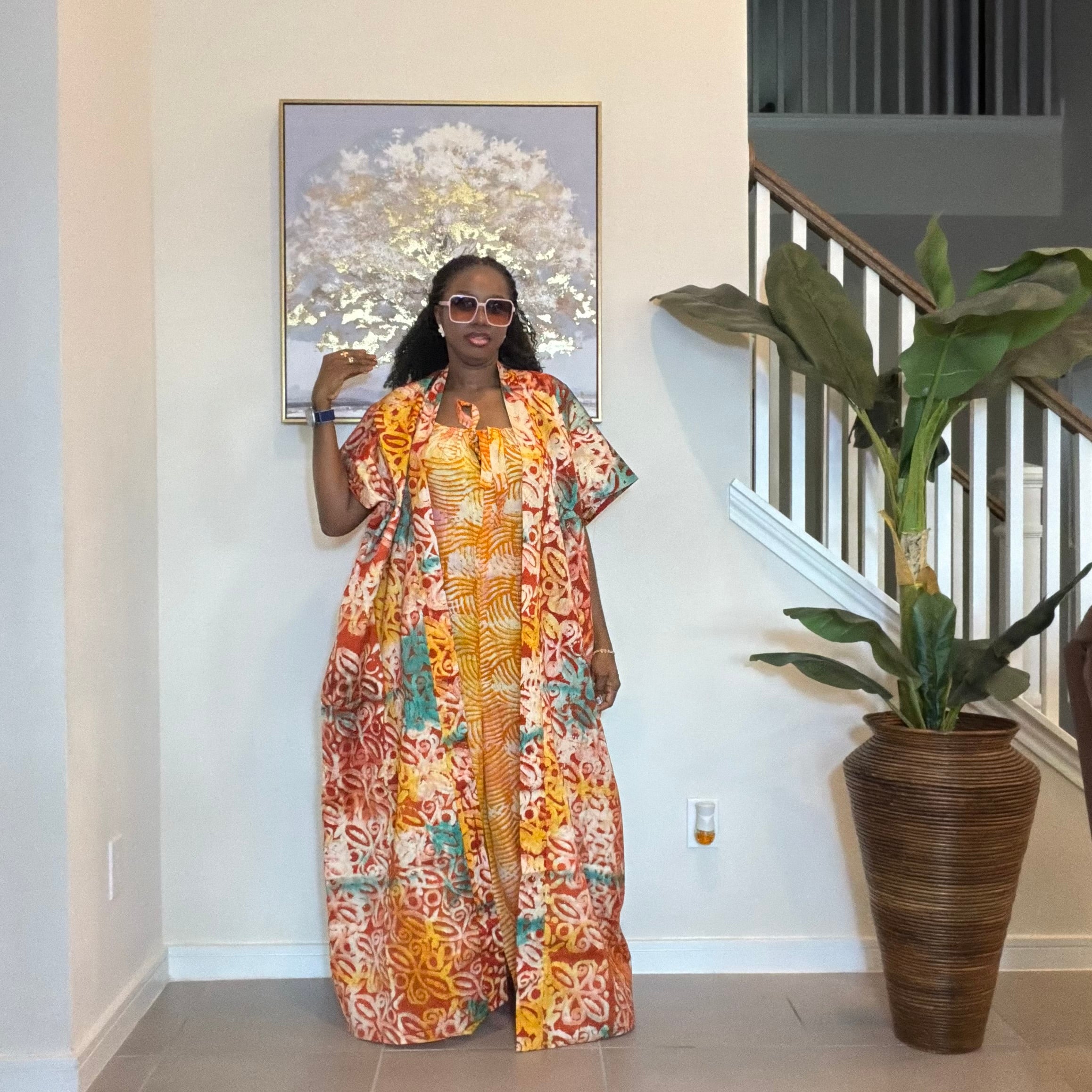 2-Piece Adire Crepe Jumpsuit and Maxi Kimono Set