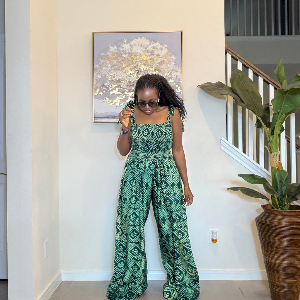 Handmade Adire Crepe Jumpsuit with Smocked Bodice