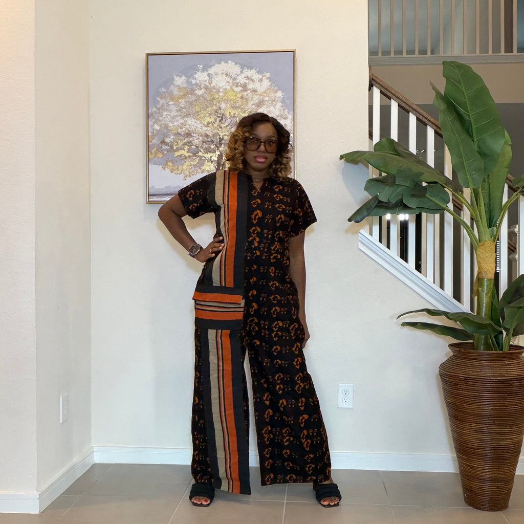 Ankara Print Jumpsuit with   Aso Oke, Wide‑Leg African Jumpsuit