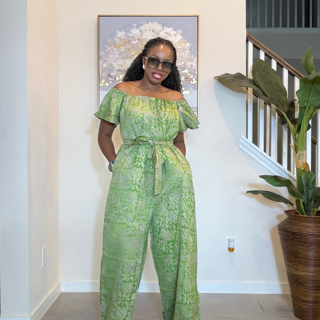 Adire Jumpsuit - African Print Off-the-Shoulder Wide Leg Romper