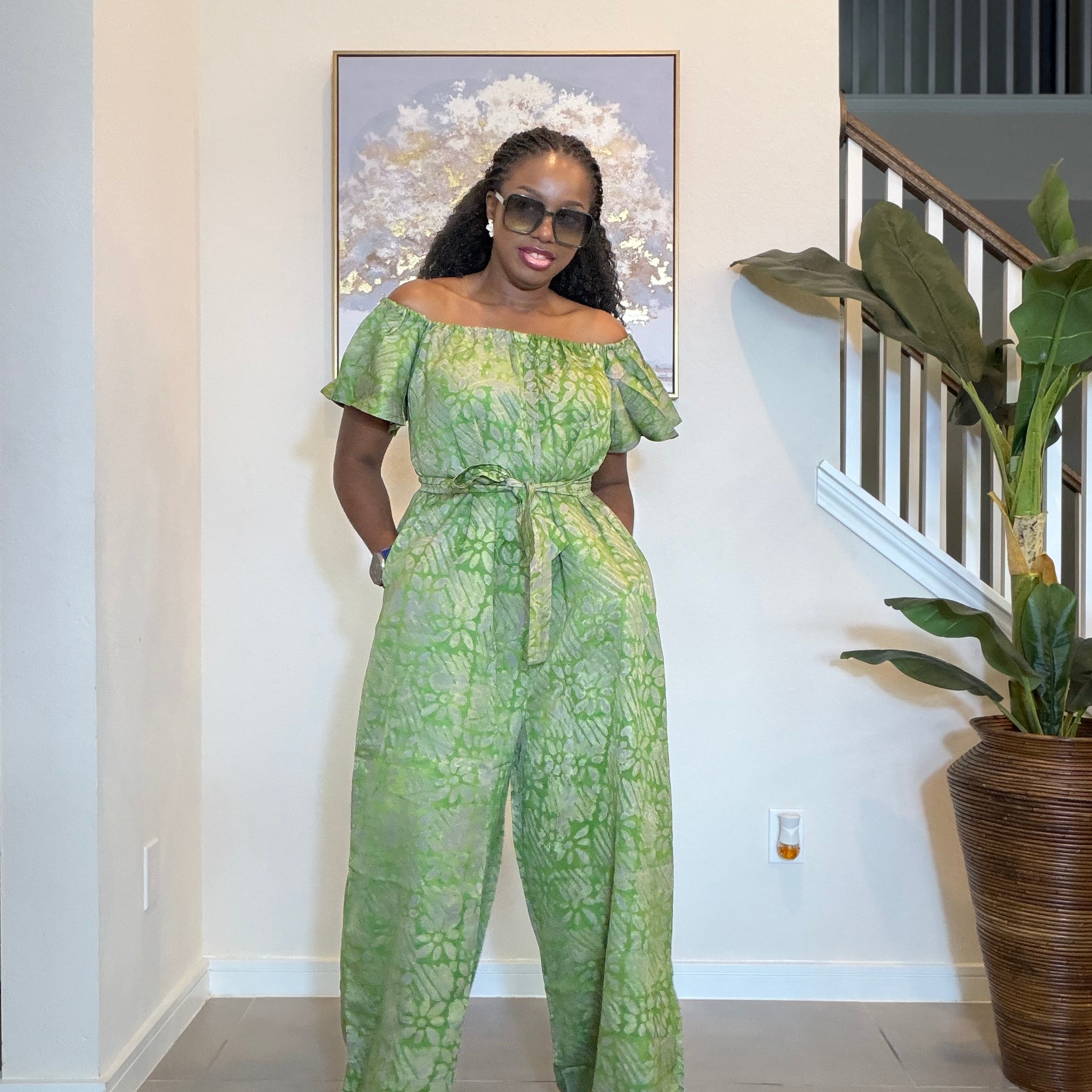 Adire Jumpsuit - African Print Off-the-Shoulder Wide Leg Romper