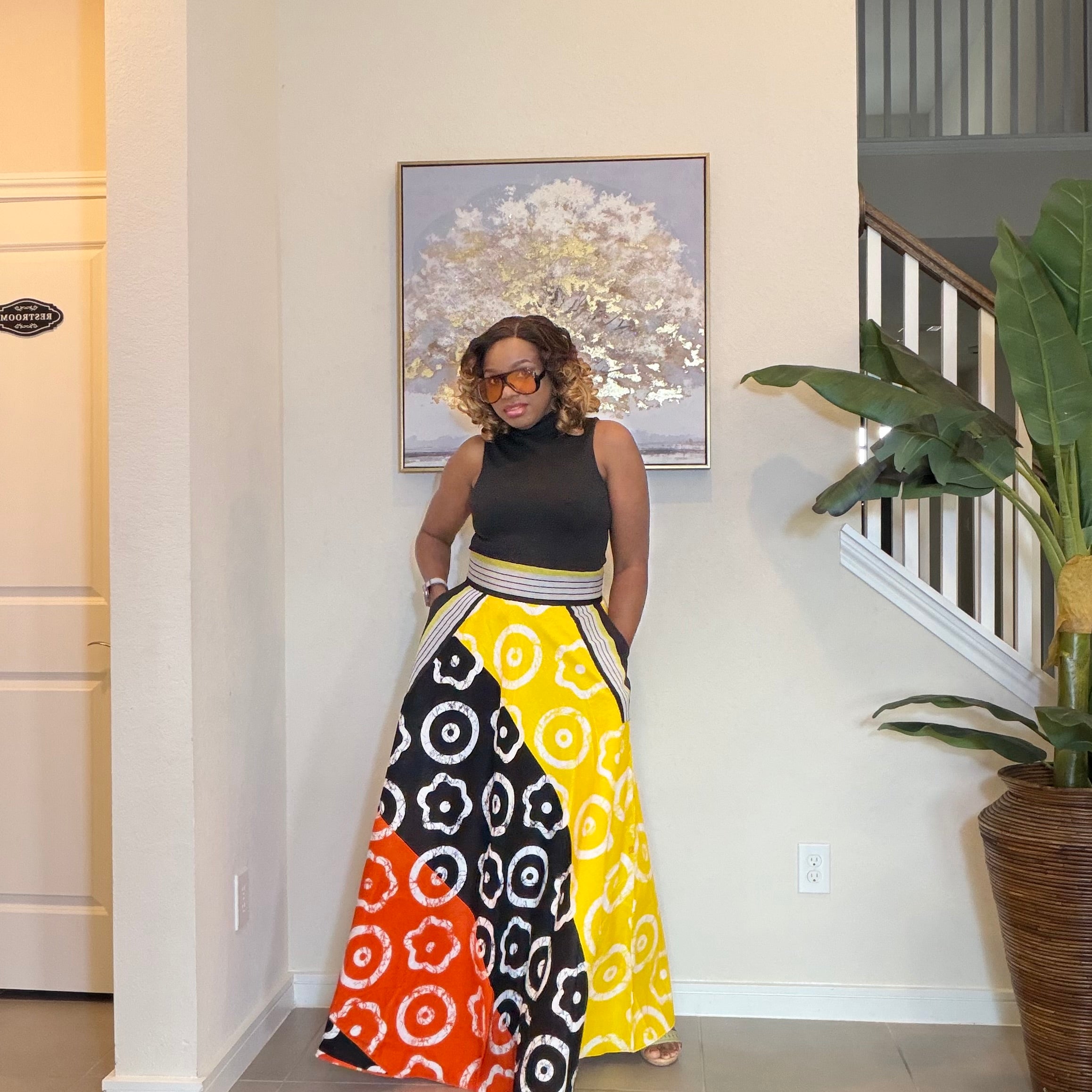 African Ankara Maxi Skirt, High Waist Skirt with Aso Oke Pockets