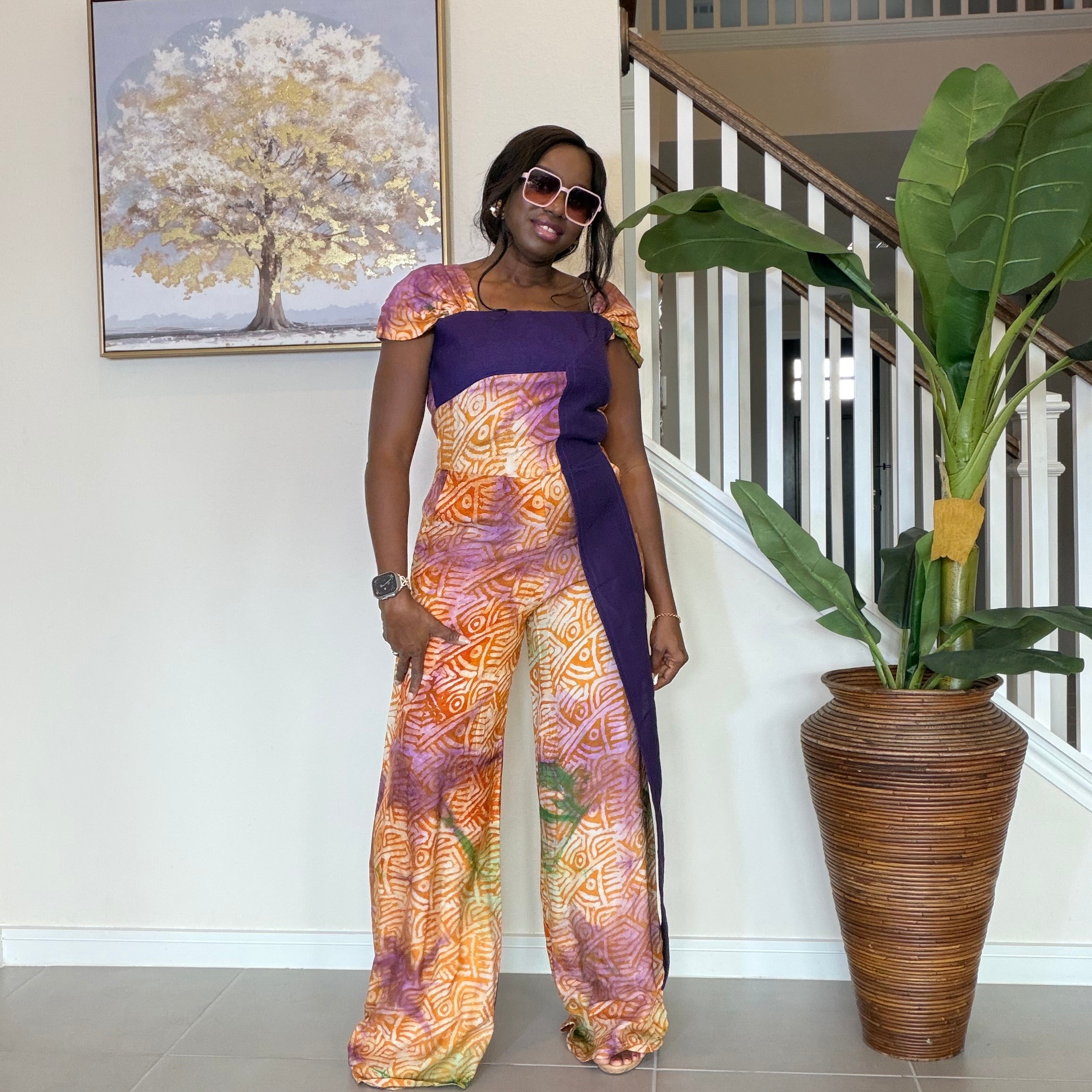 Adire Floral Wide-Leg Jumpsuit with Aso Oke Detail