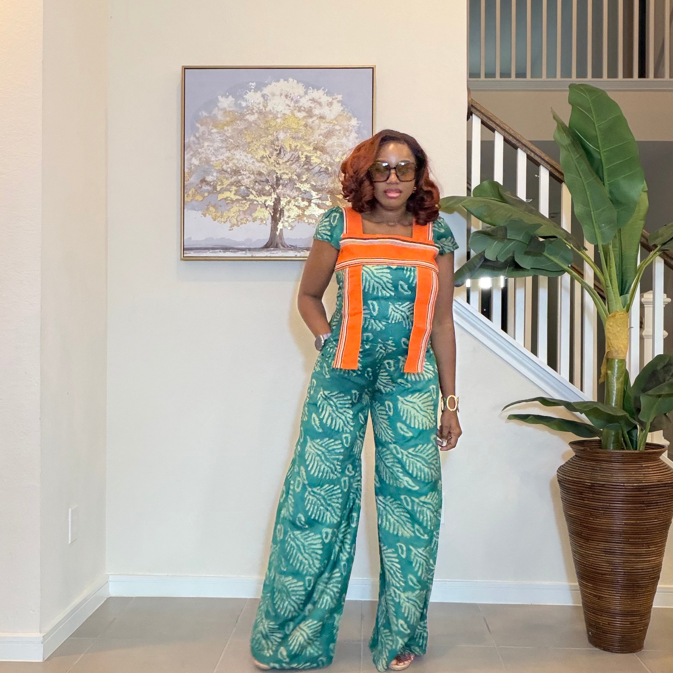 African Print Jumpsuit with Aso Oke, Green Leaf Adire Jumpsuit, Wide‑Leg One‑Piece