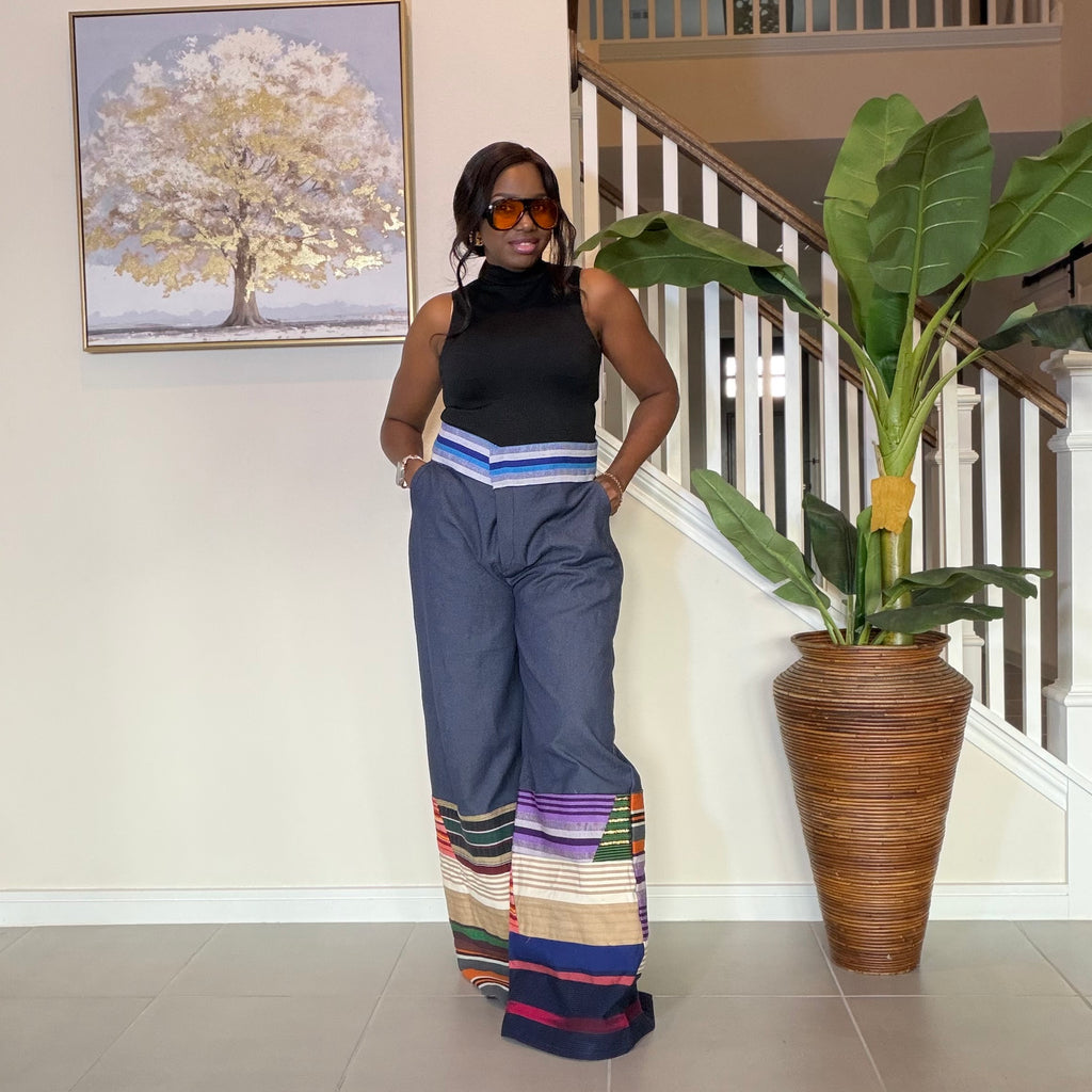 High-Waisted Jeans Wide Leg Trousers with Multicolored Striped Aso Oke Patchwork