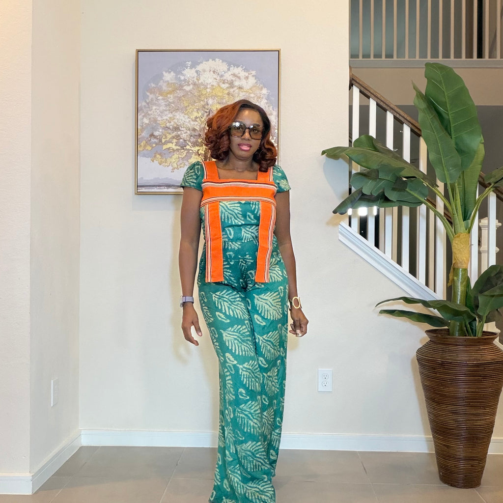 African Print Jumpsuit with Aso Oke, Green Leaf Adire Jumpsuit, Wide‑Leg One‑Piece