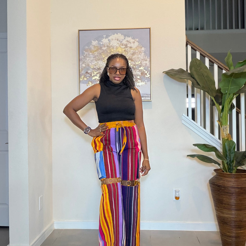 Handmade Aso Oke Wide-Leg Pants with Metal Ring Detail