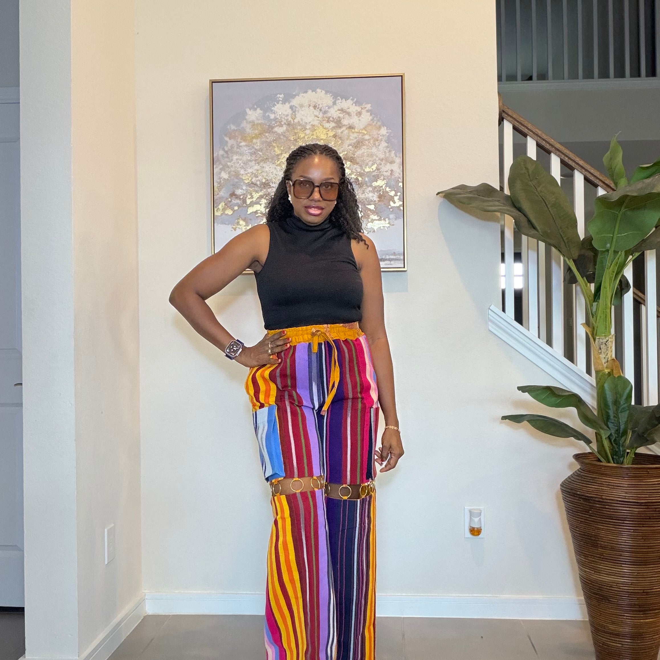 Handmade Aso Oke Wide-Leg Pants with Metal Ring Detail