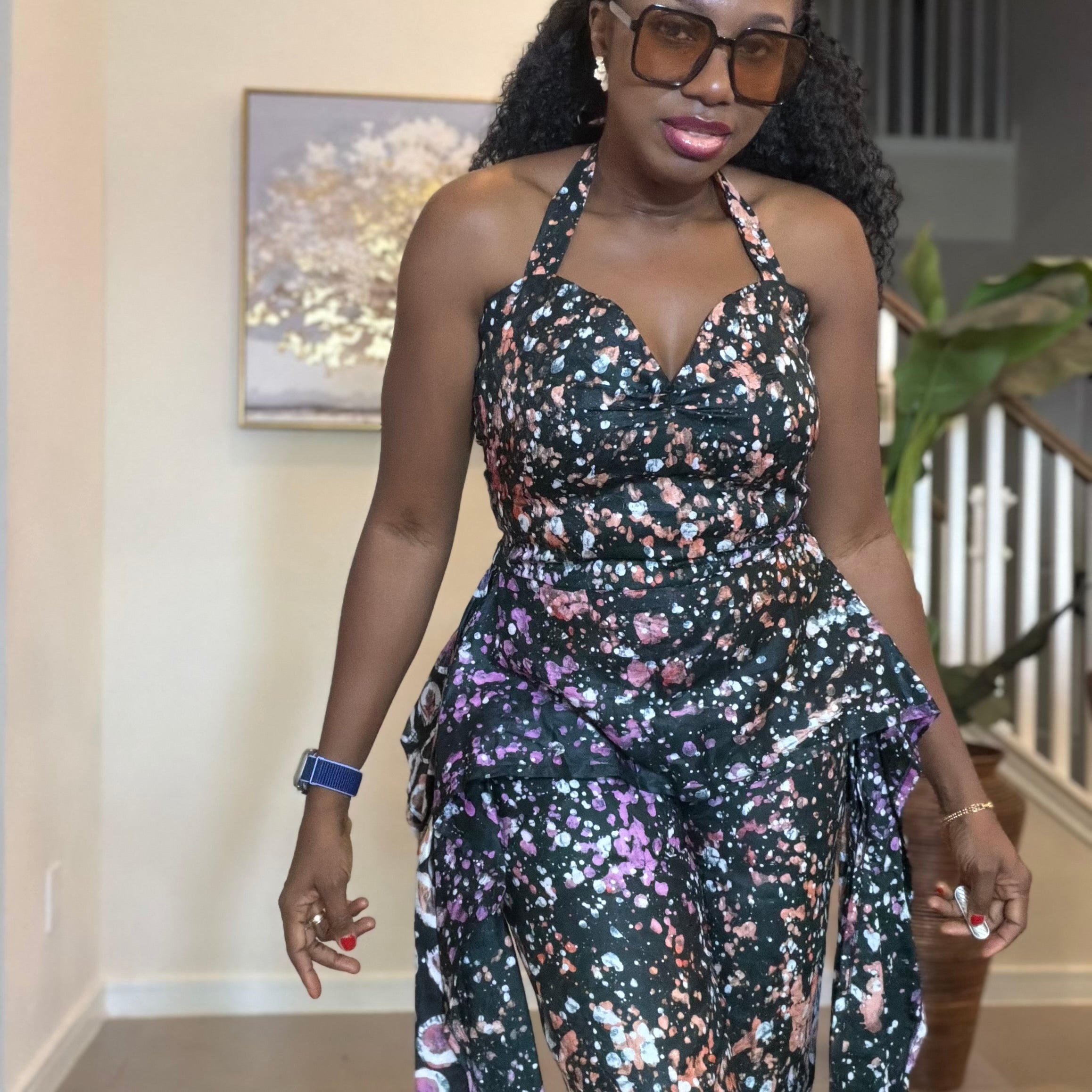 Handmade Adire Batik Tie-Neck Halter Jumpsuit