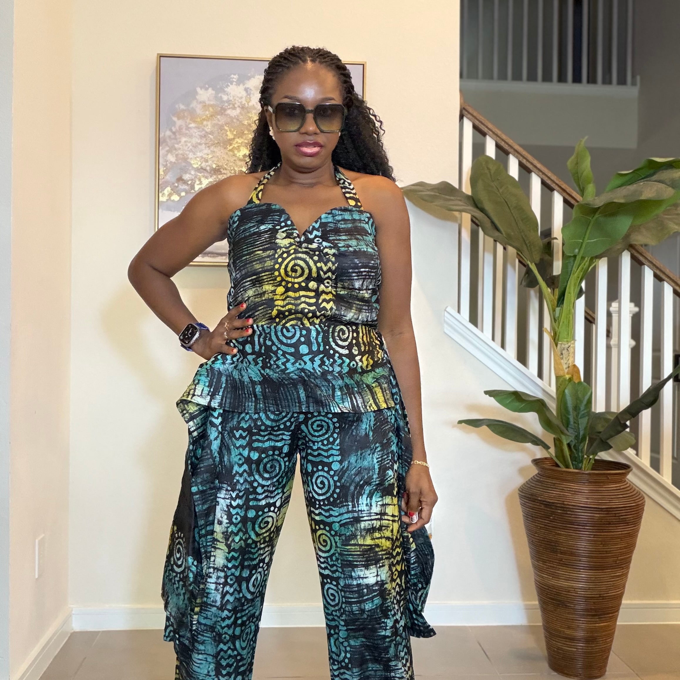 Adire Halter Neck Jumpsuit, African Batik Print One Piece Jumpsuit