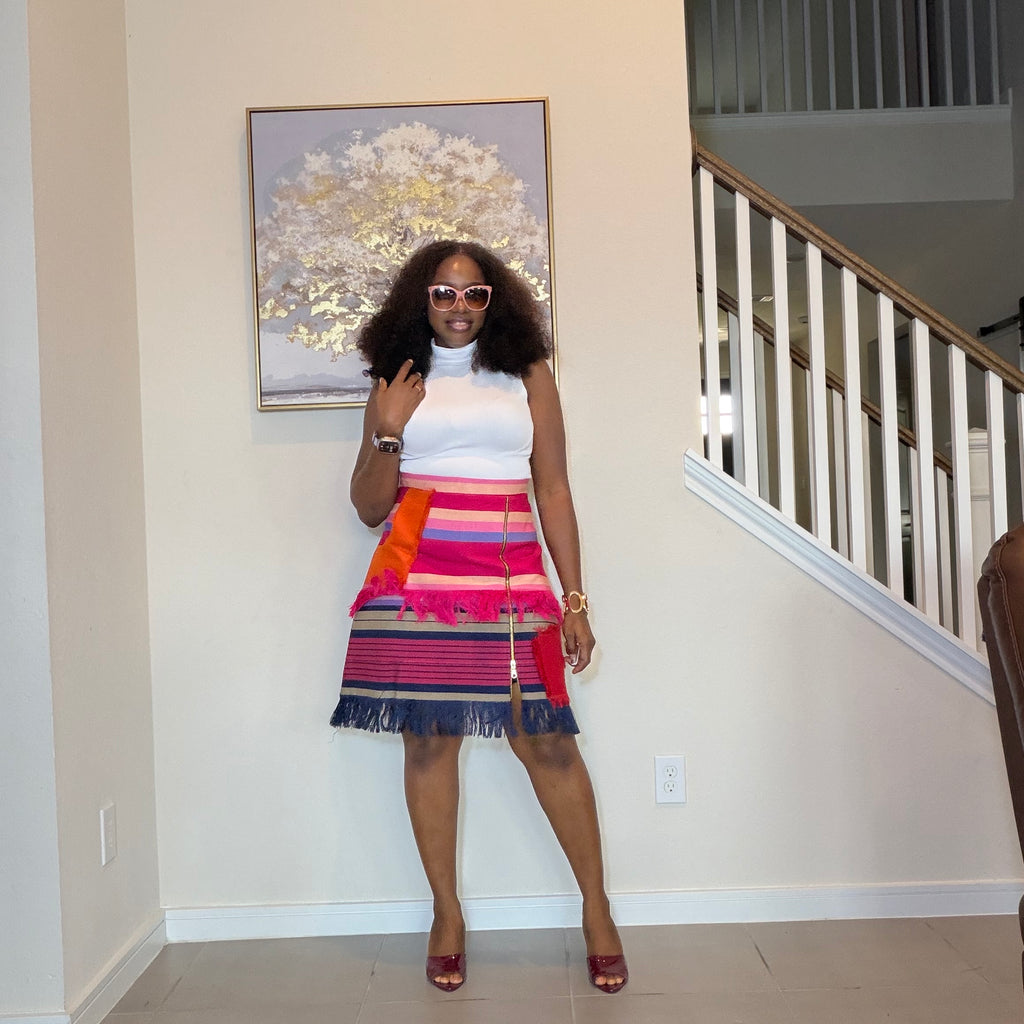 Colorful African Aso Oke Fringe Skirt, Handmade Aso Oke Patchwork Skirt