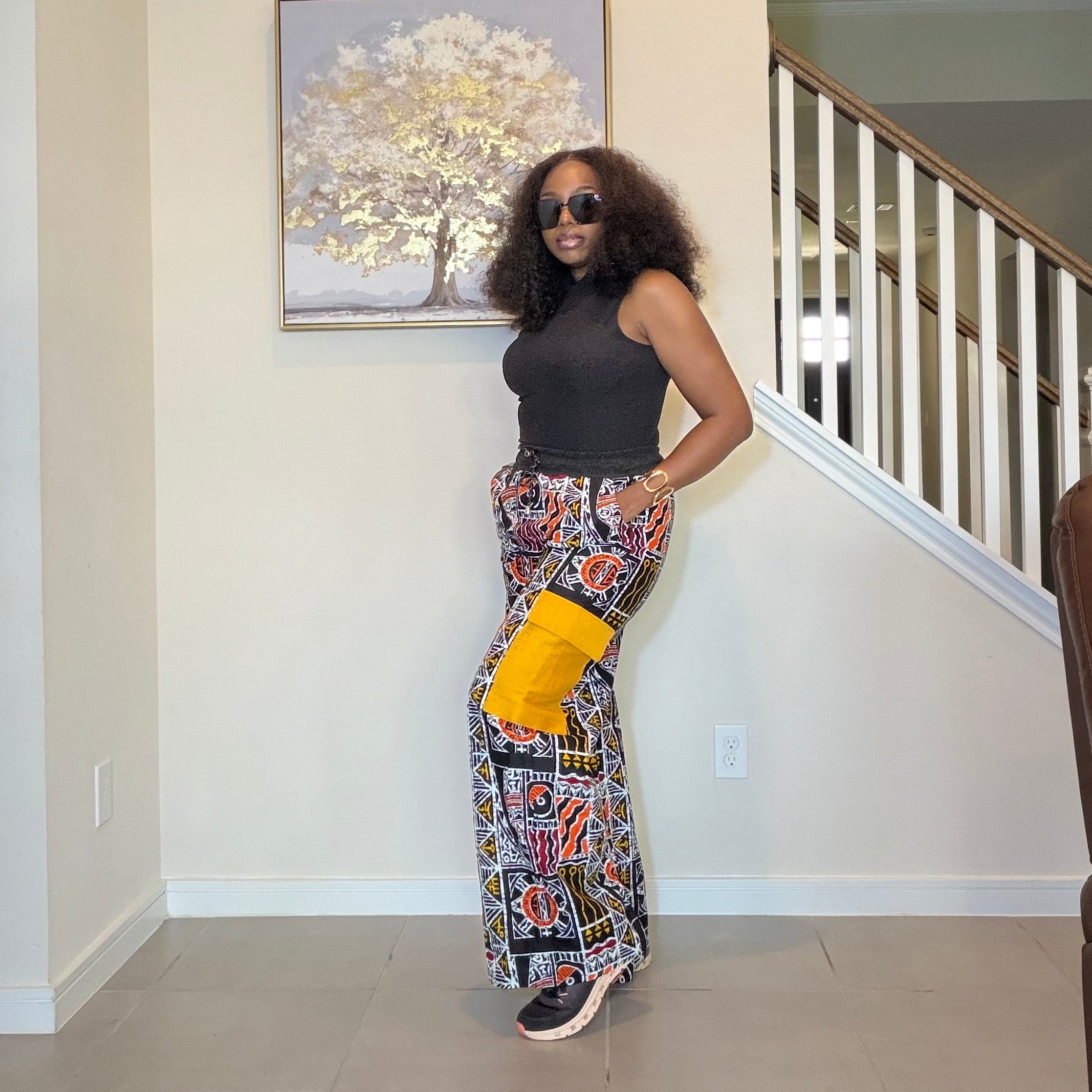 Ankara Wide Leg Cargo Trousers with Mustard Yellow Aso Oke Pockets